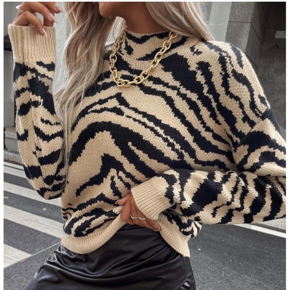 Zebra Printed Knit Sweater Tan Black Animal Print Drop Shoulder - Picture 1 of 9